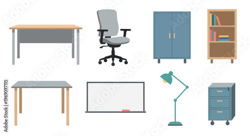 Flat Design Office Furniture Set - Desk, Chair, Cabinet, Lamp, Files