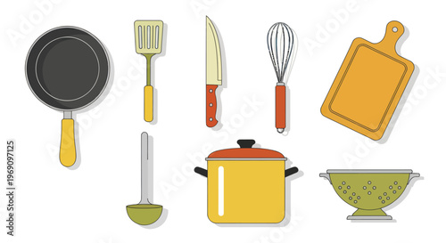 Flat Design Kitchen Utensils Set: Frying Pan, Spatula, Pot, Whisk, Board