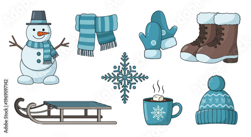 Flat Style Winter Icons: Snowman, Scarf, Mitten, Boots, Sled, Cocoa, Hat