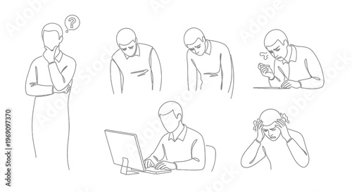 Business People Line Art: Thinking, Working, Frustrated, Stressed Poses