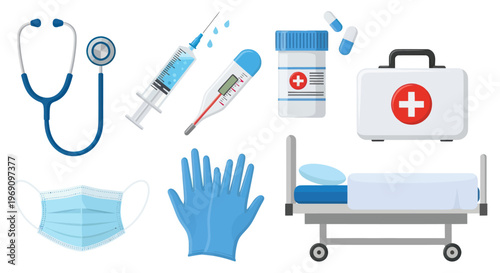 Medical Equipment Flat Design Icons: Stethoscope, Syringe, Bed, Mask, Gloves