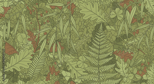 Vibrant green foliage pattern with various leaf types and red accents in a dense, natural arrangement.