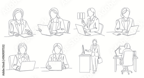 Businesswomen working on laptops and computers, line art