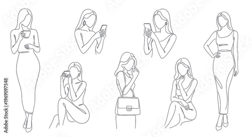 Fashionable Women Poses Line Art