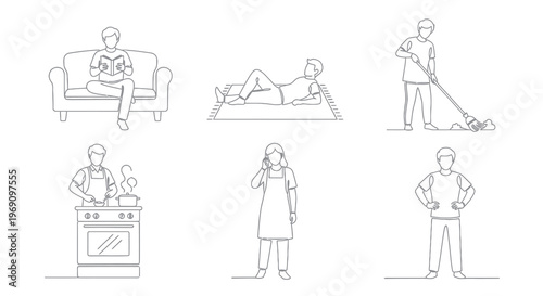 Black and White Line Art of People Doing Various Household Activities