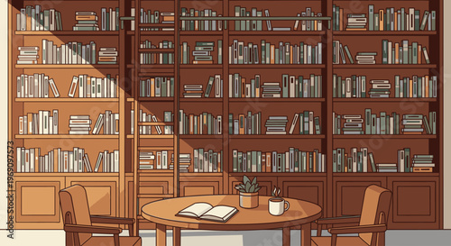 A serene library interior with a wooden table and chairs, surrounded by tall bookshelves filled with books, and a potted plant on the table, with warm natural lighting.