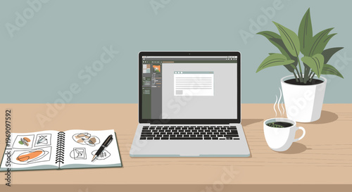 Flat lay of a laptop, notebook, pen, coffee cup, and potted plant on a wooden desk against a muted green background.