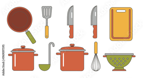 Flat Style Kitchen Utensils and Cookware Vector Icons