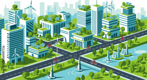 Illustration of a futuristic cityscape with green buildings, wind turbines, and a river running through it, featuring a road and bridge system.