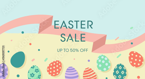 Easter sale banner with colorful eggs and ribbons on a pastel background, featuring up to 50 percent off discount.