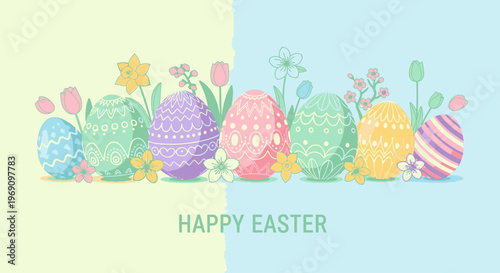 Colorful Easter eggs and flowers on a pastel green and blue background with 'HAPPY EASTER' text in a festive flat lay composition.