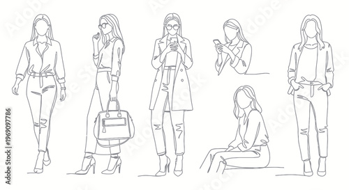 Fashion Women Line Art Style, Vector Stock Asset