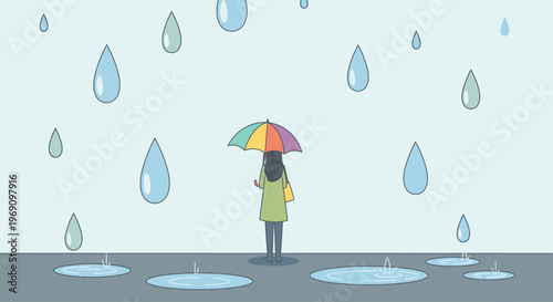 Illustration of a woman standing under a colorful umbrella on a rainy day with puddles on the ground and raindrops falling around her.