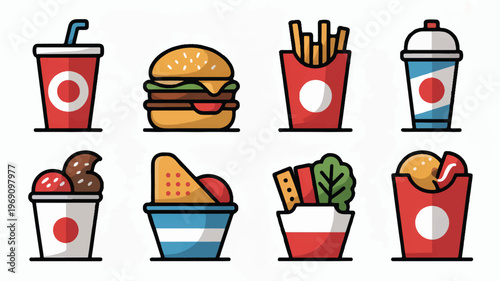 Fast food icons collection with french fries with ice cream with junk food with flat design with convenience food with comfort food with food and drink