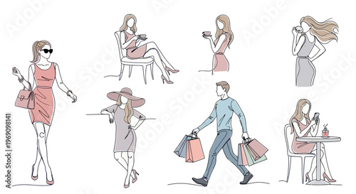 Fashionable People Shopping and Drinking Coffee, Line Art Style