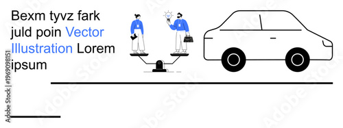 Career decisions, balance in life, professional opportunities, work-life balance, choices in jobs, legal weighing. Two individuals with scales, car illustration. Career decisions and balance concept