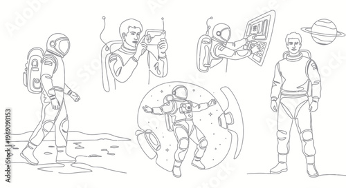 Astronaut Line Art: Space Exploration and Technology Vector Icons