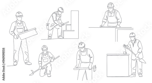 Construction worker line art, builders with tools, industrial line drawing