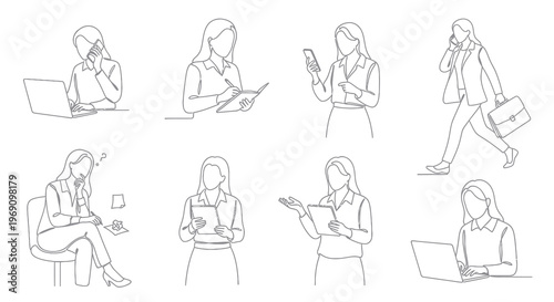 Black and White Line Art of Businesswomen in Various Poses, Vector