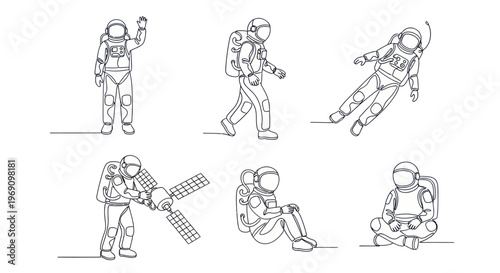 Black and White Line Art Astronauts Poses Collection