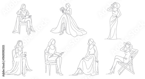 Elegant Women Line Art Vector - Fashion, Beauty, Lifestyle Poses