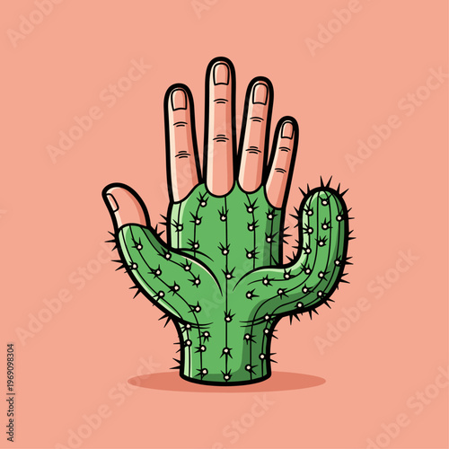 A playful cartoon illustration of a cactus with a hand emerging from it, conveying a sense of uniqueness and creativity.