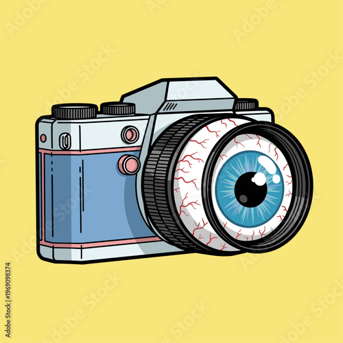 A quirky illustration of a camera with a human eye as its lens, conveying creativity and vision.