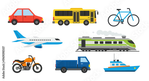 Flat Design Transportation Icons: Car, Bus, Plane, Train, Bike, Truck, Boat