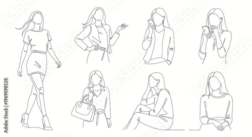 Fashion Line Art: Diverse Women Poses  Styles, Vector Illustration