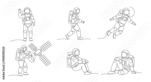 Astronaut Line Art: Spacewalk, Satellite, Floating, Sitting Poses