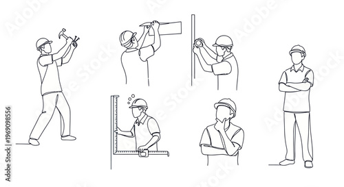 Construction worker line art set: building, measuring, thinking, standing
