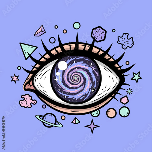 A vibrant illustration of an eye with a galaxy inside, surrounded by colorful stars, planets, and shapes on a purple background, evoking a sense of wo