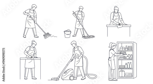 Black  White Line Art of Housekeeping Tasks, Cleaning  Chores