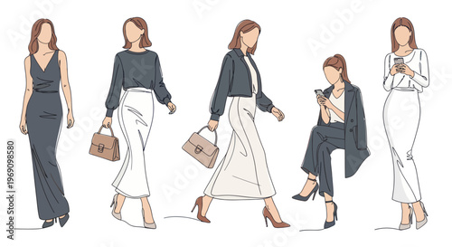 Fashionable women in elegant outfits, vector line art for style and business