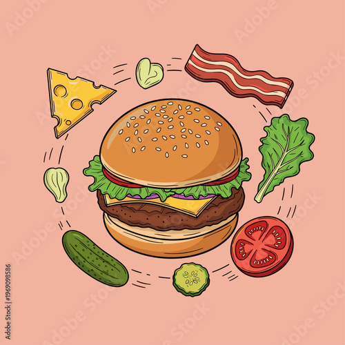 A mouthwatering burger with fresh ingredients like lettuce, tomato, and cheese, evoking a sense of hunger and craving.