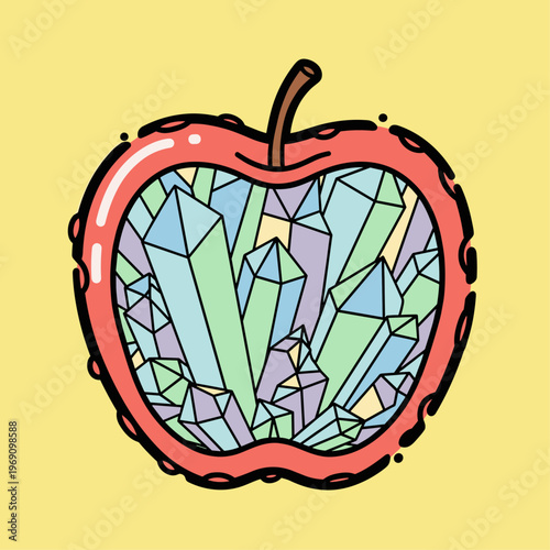 A colorful, cartoon-style illustration of an apple filled with crystals on a bright yellow background, conveying a sense of health, wellness, and magi