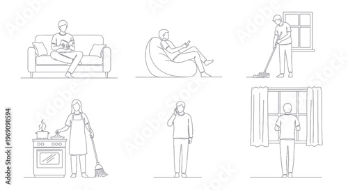 Black and White Line Art of People Doing Household Chores and Relaxing