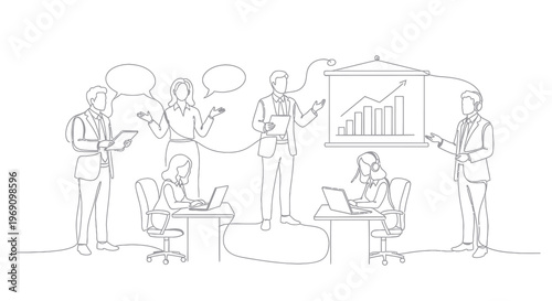 Business meeting line art: people discussing, presenting graph on board
