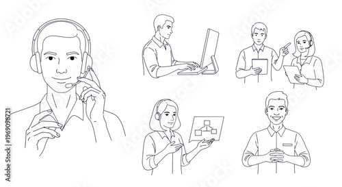 Black and White Line Art of Customer Service Professionals