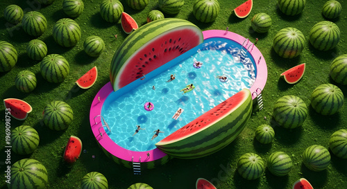 Vibrant Watermelon Pool Party in Lush Green Field with Refreshing Slices