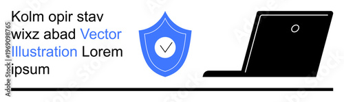 Online security, data protection, cybersecurity, antivirus, secure communication, digital safety. Blue shield with checkmark next to a laptop. Online security and data protection concept