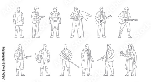 Black and White Line Art Figures of Men with Instruments and Weapons