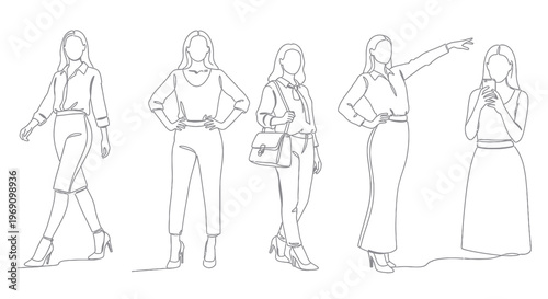 Fashionable Women in Line Art Style - Business and Casual Outfits