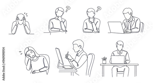 Line Art of People Thinking, Working, and Feeling Stressed