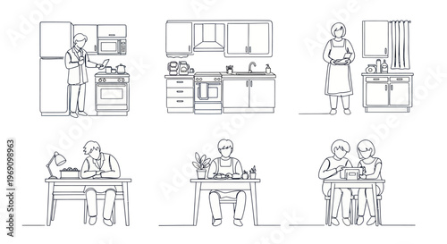 Black and White Line Art of People in Kitchen and Working