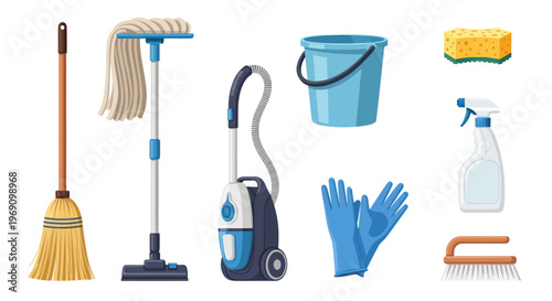 Flat illustration of cleaning supplies: broom, mop, vacuum, bucket, sponge, gloves, spray