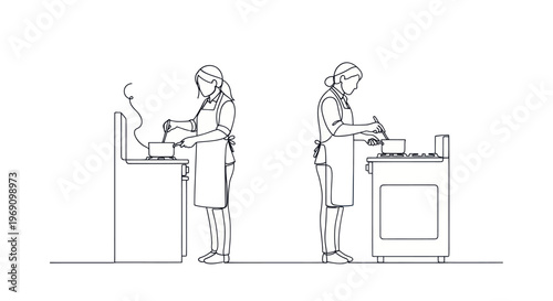 Black and White Line Art of Two Women Cooking Food at Stove