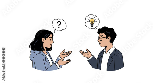 Two people talking, one confused, one with an idea, flat illustration
