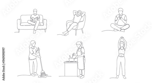Black and white line art people doing various activities, everyday life