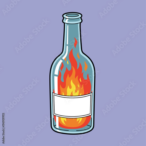 A cartoon-style illustration of a glass bottle filled with flames, symbolizing a molotov cocktail, conveying a sense of danger and urgency.